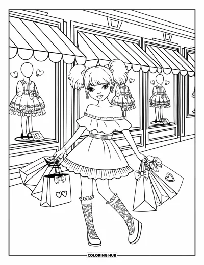 Dibujo de moda para niñas para adultos: Una chica elegante con mangas con volantes y calcetines de encaje, disfrutando de una juerga de compras