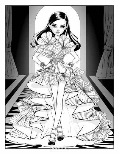 Dibujo de moda para niñas para adultos: Una mujer elegante con un vestido audaz con estampado floral en un gran escenario