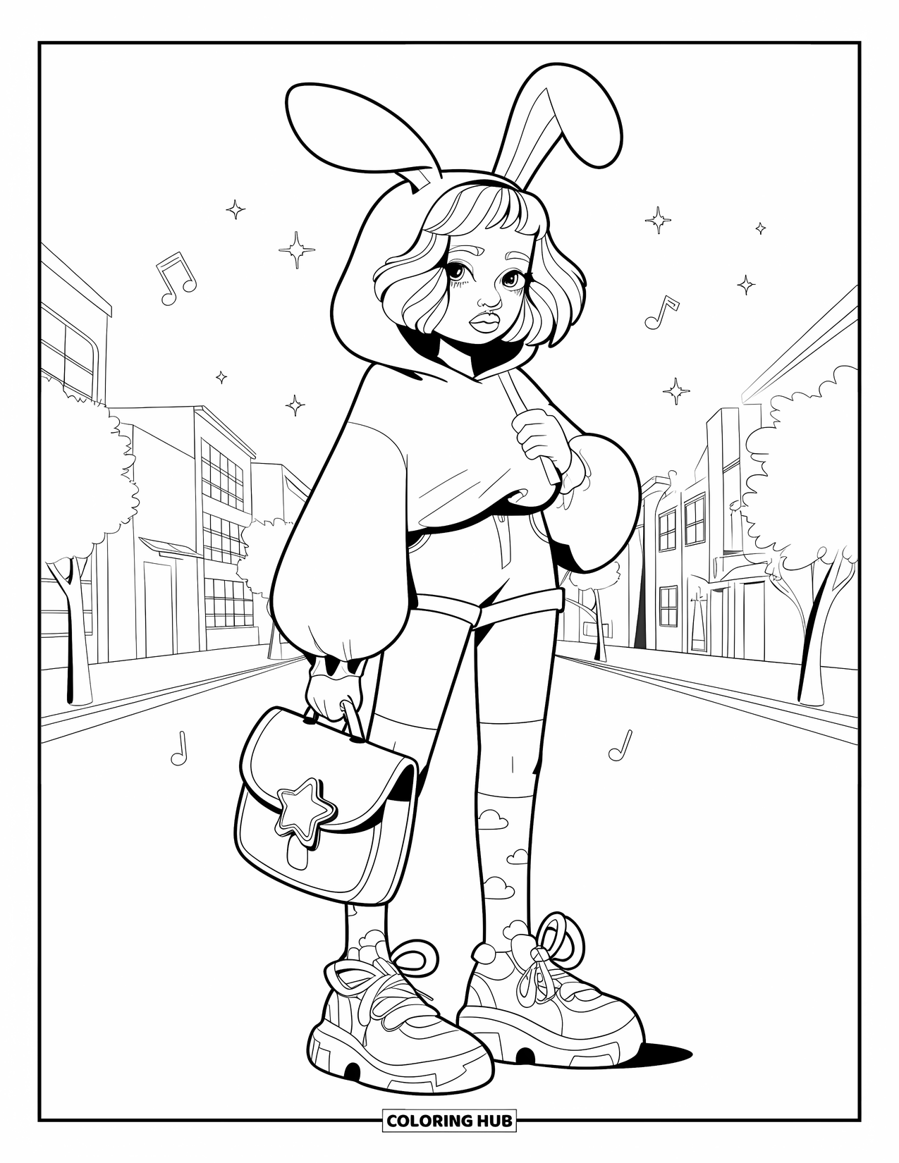 Girl Fashion Coloring Page for Adults: A trendy girl in a bunny-hoodie, carrying a satchel, with playful sparkles around her