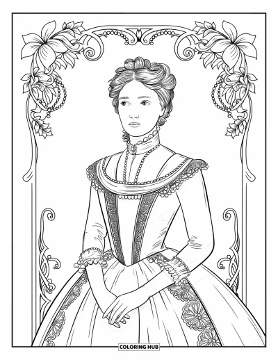 Dibujo de moda para niñas para adultos: Una mujer de la época victoriana con un elegante vestido de encaje, enmarcada por volutas florales