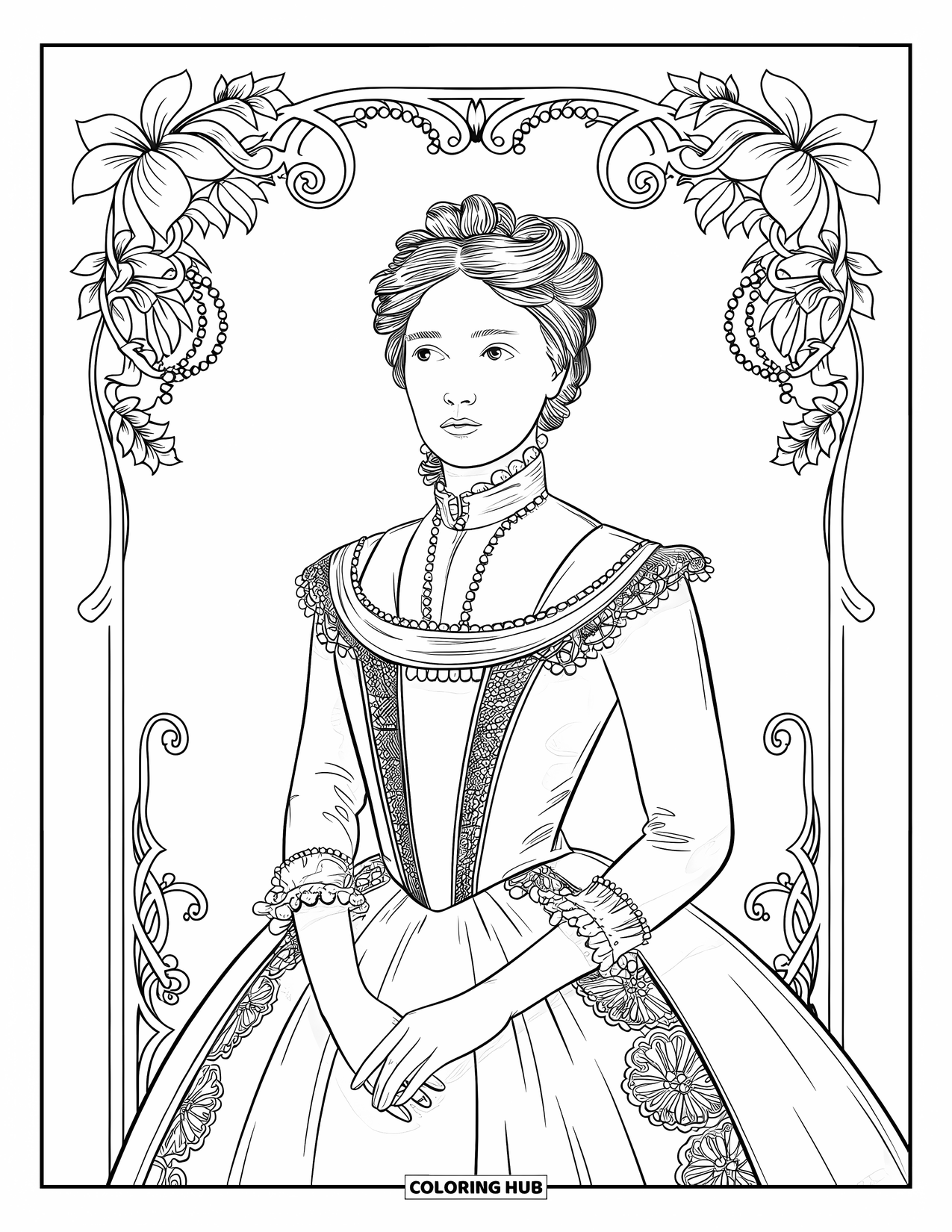 Girl Fashion Coloring Page for Adults: A Victorian-era woman in an elegant lace dress, framed by floral scrolls