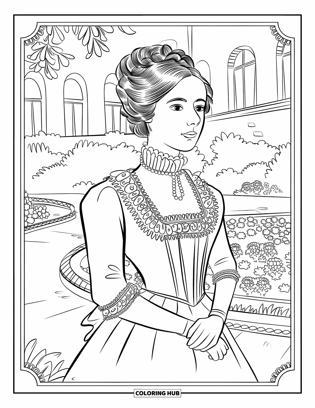 Girl Fashion Coloring Page for Adults: A Victorian lady in a lace-trimmed dress, standing in a garden