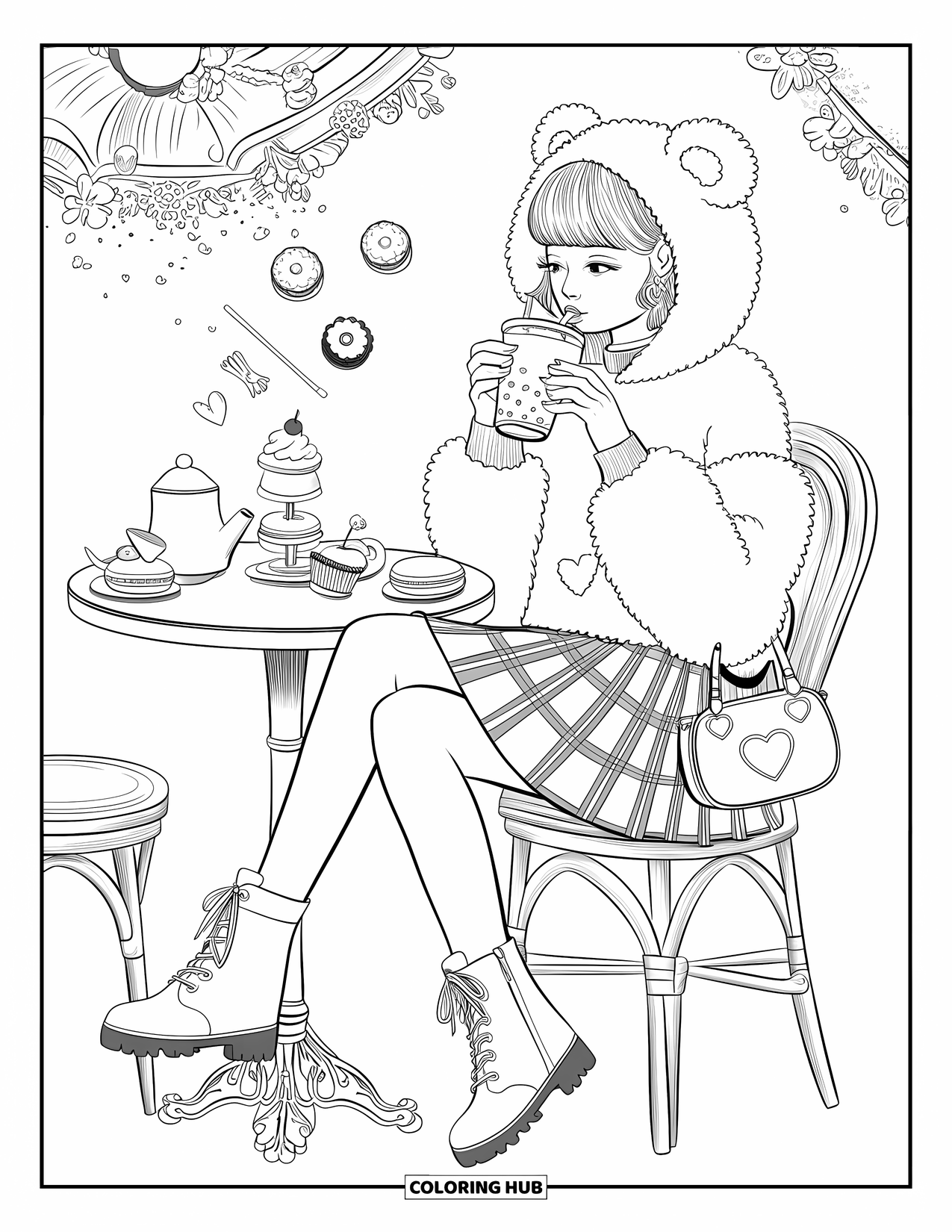 Girl Fashion Coloring Page for Adults: A warm and inviting café setting with pastries, tea, and charming decorations