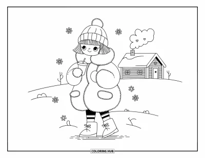 Dibujo de moda para niñas para adultos: Una chica invernal con un abrigo de pompón y un gorro, rodeada de copos de nieve en forma de corazón