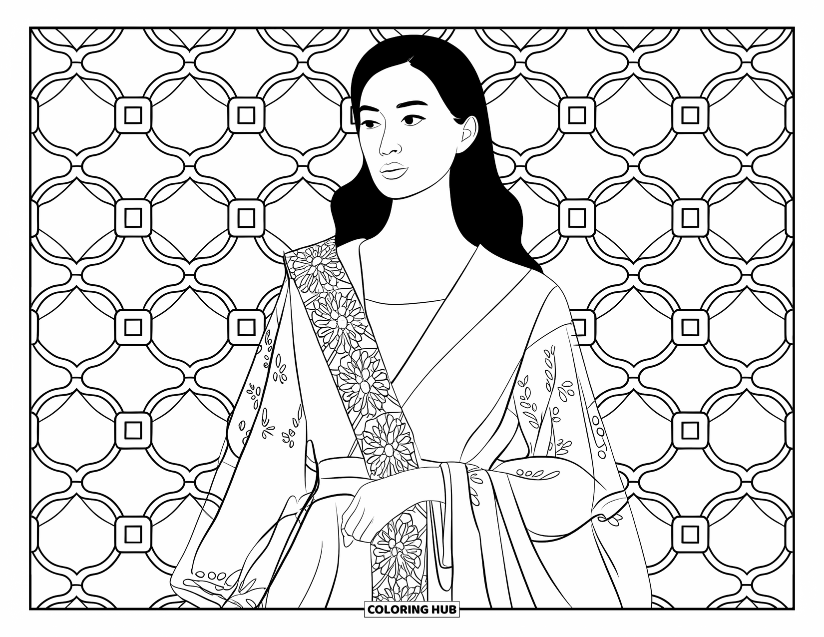 Girl Fashion Coloring Page for Adults: A woman in a Baro't Saya with sheer sleeves, standing against a patterned background