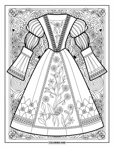 Dibujo de moda para niñas para adultos: Una mujer con un vestido renacentista con estampado floral, rodeada de bordes decorativos