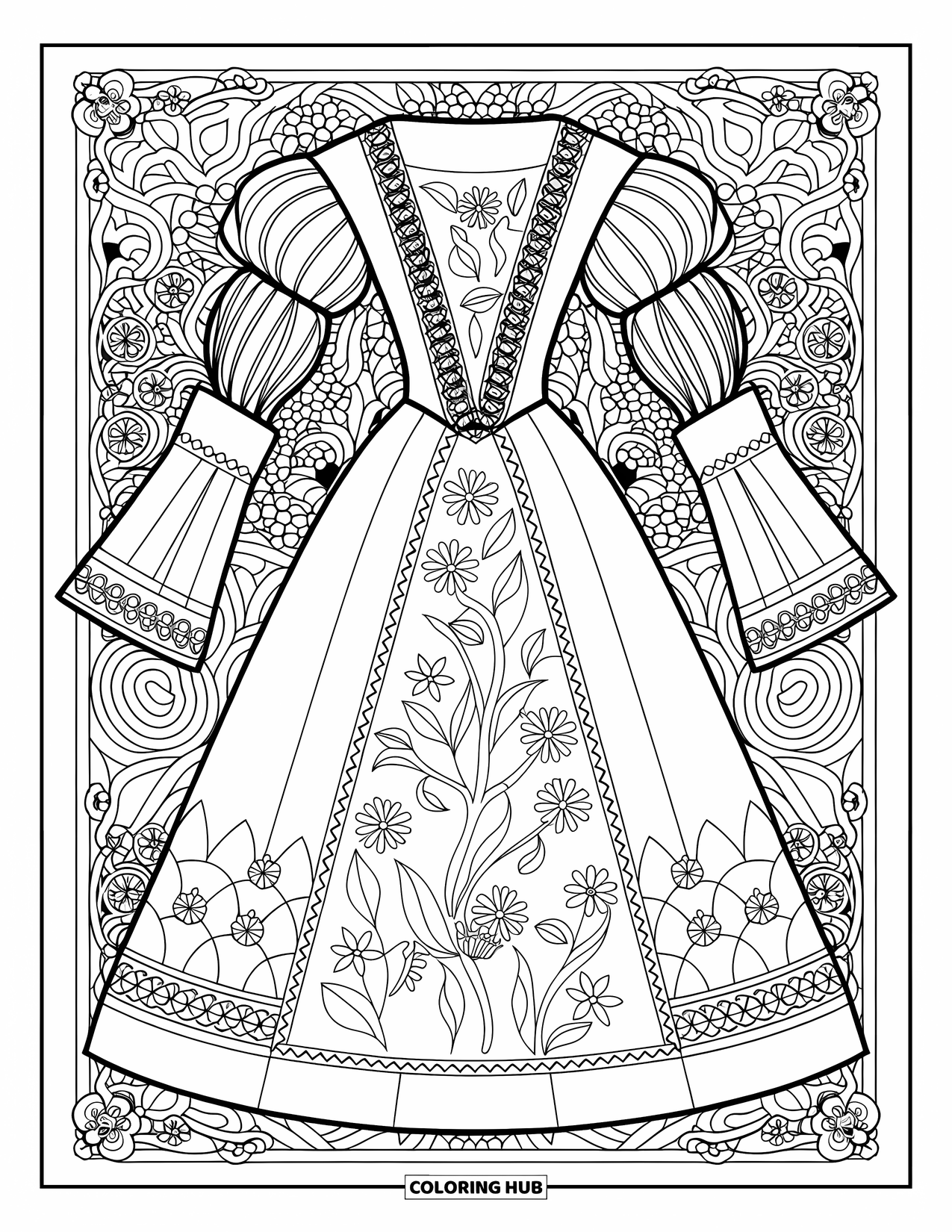 Girl Fashion Coloring Page for Adults: A woman in a floral-patterned Renaissance gown, surrounded by decorative borders