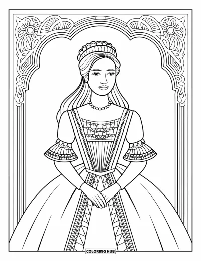 Dibujo de moda para niñas para adultos: Una mujer con un vestido victoriano con perlas, rodeada de patrones intrincados