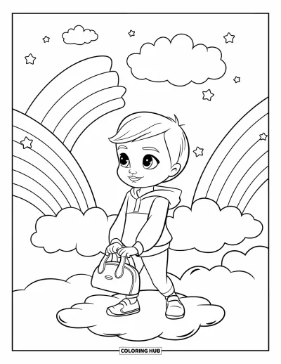 Dibujo de moda para niñas para colorear: Un niño alegre con una sudadera con capucha cómoda y zapatillas deportivas disfruta de un entorno brillante y colorido