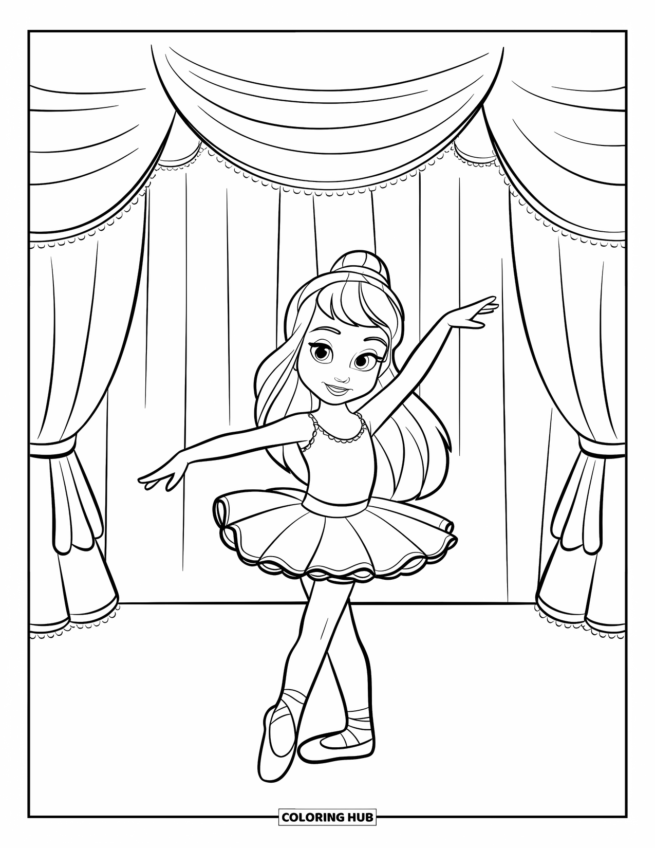 Girl Fashion Coloring Page for Kids: A cheerful girl in a ballet dress enjoys a moment of movement on a stylish dance floor