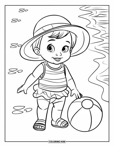 Dibujo de moda para niñas para colorear: Una niña alegre con un atuendo de verano disfruta de un día brillante en un divertido entorno de playa