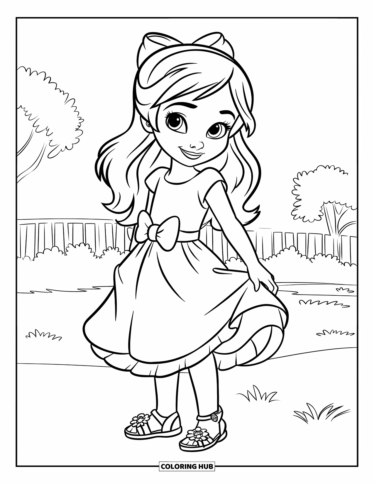 Girl Fashion Coloring Page for Kids: A cheerful young girl in a floral dress twirls happily in a beautiful, warm outdoor setting