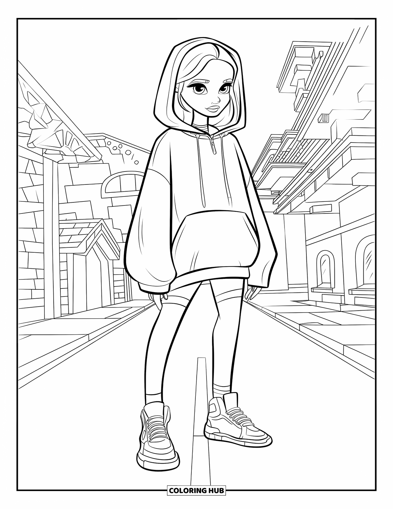 Girl Fashion Coloring Page for Kids: A confident girl in a streetwear hoodie and shorts poses in front of a dynamic cityscape