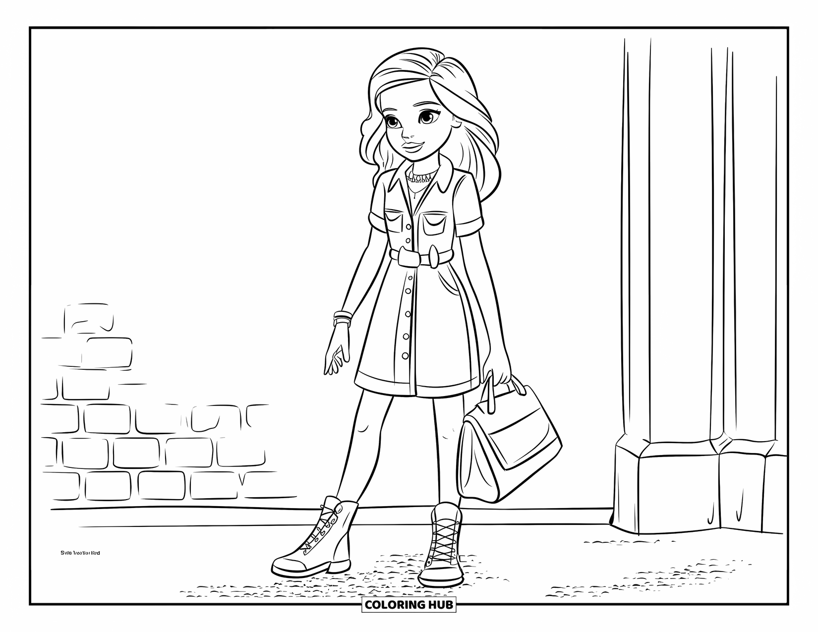 Girl Fashion Coloring Page for Kids: A confident girl in a trendy denim dress and accessories stands against a bright, open backdrop