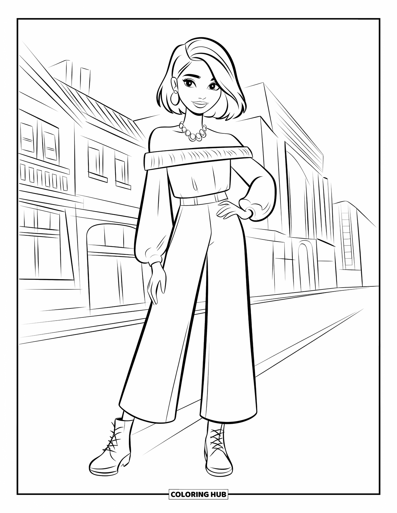 Girl Fashion Coloring Page for Kids: A confident woman in a chic off-shoulder top and ankle boots walks gracefully through the city