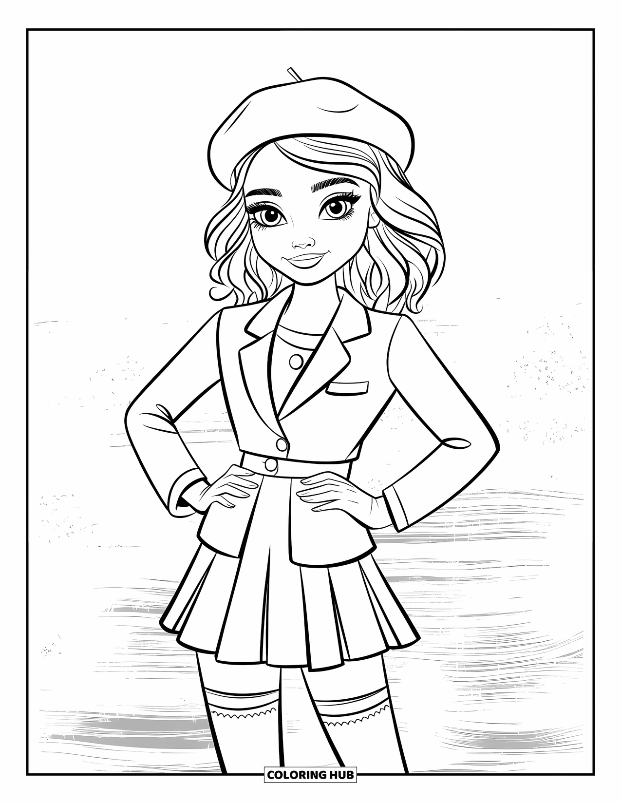 Girl Fashion Coloring Page for Kids: A fashionable girl in a blazer and stockings stands confidently with a charming cityscape behind her