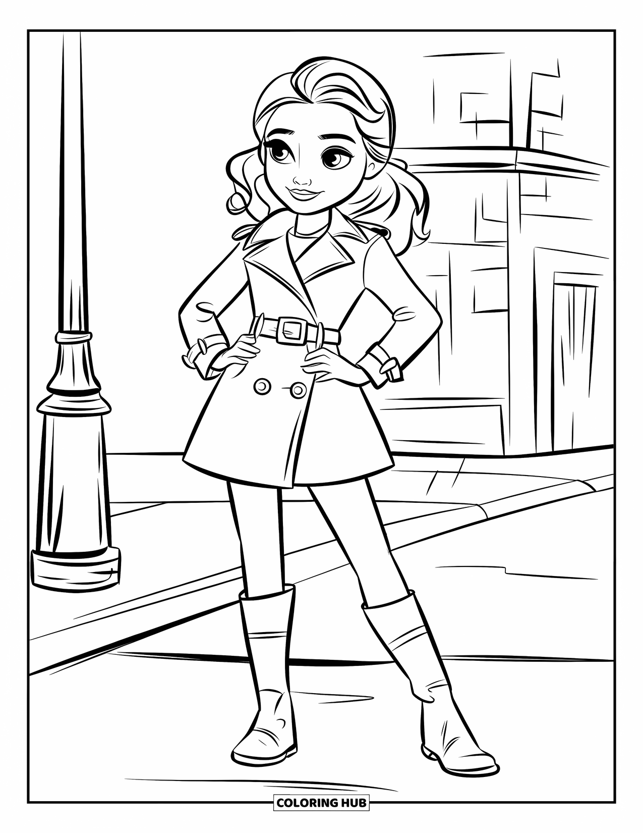 Girl Fashion Coloring Page for Kids: A fashionable girl in a trench coat and boots enjoys a charming walk through a quiet neighborhood