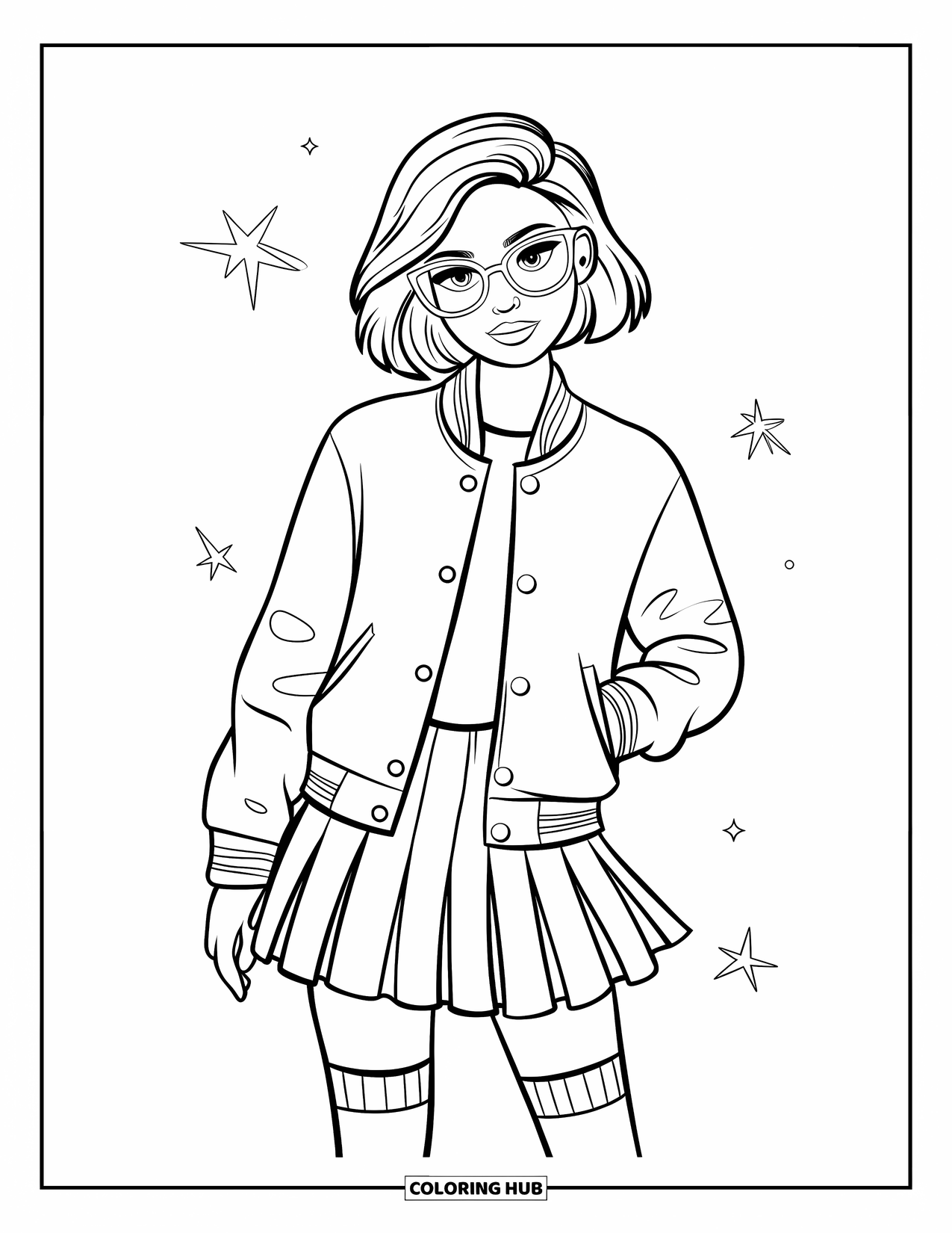 Girl Fashion Coloring Page for Kids: A fashionable teen in a varsity jacket, pleated skirt, and knee-high socks poses with confidence