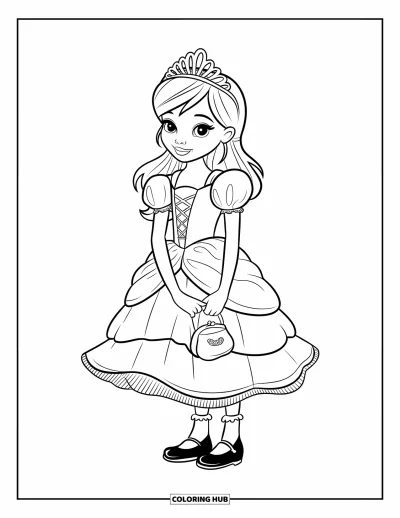 Dibujo de moda para niñas para colorear: Una joven a la moda con un vestido inspirado en un cuento de hadas se encuentra con gracia en un fondo de ensueño