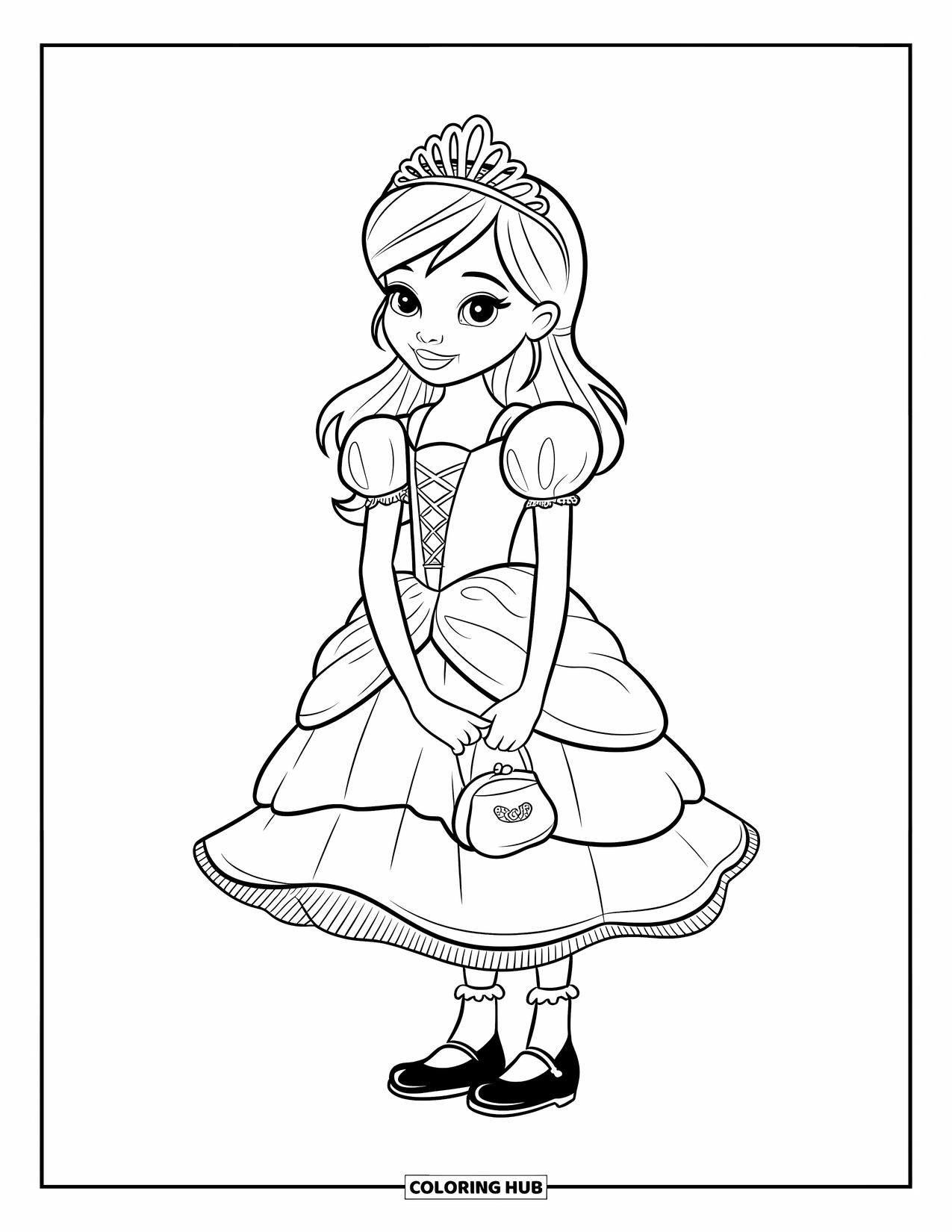 Girl Fashion Coloring Page for Kids: A fashionable young girl in a fairytale-inspired dress stands gracefully in a dreamy background