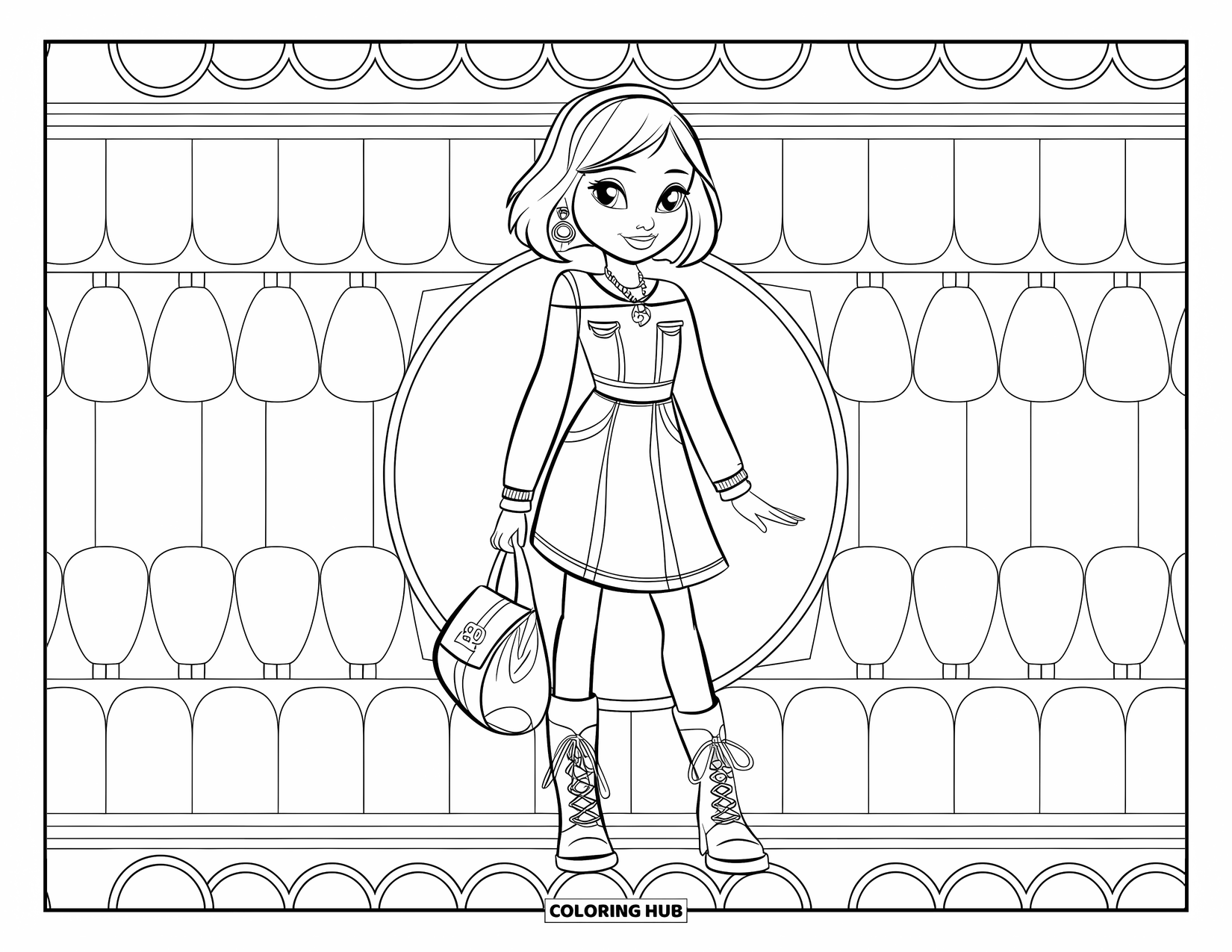 Girl Fashion Coloring Page for Kids: A fashionable young woman in a denim dress poses gracefully in a stylish outdoor setting