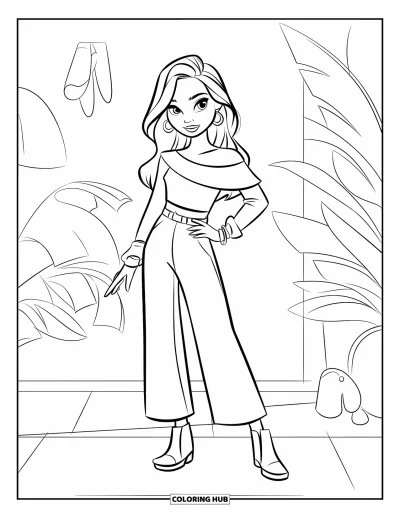 Dibujo de moda para niñas para colorear: Una joven a la moda con un top sin hombros y pantalones de pierna ancha se encuentra con una postura audaz