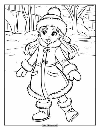 Dibujo de moda para chicas para colorear para niños: Una joven a la moda con ropa de invierno abrigada disfruta de un acogedor y tranquilo paisaje nevado