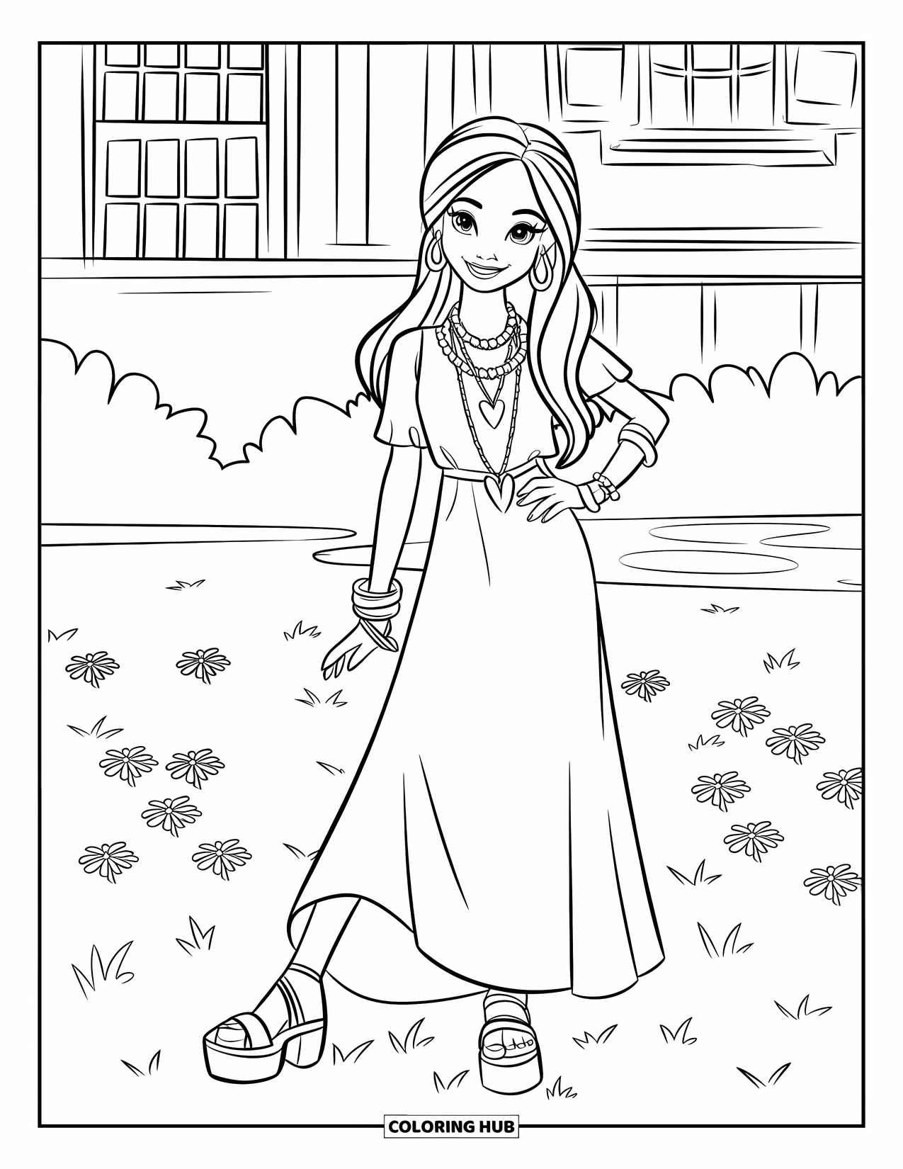 Girl Fashion Coloring Page for Kids: A free-spirited girl in a flowing dress and sunglasses strolls through a dreamy floral setting