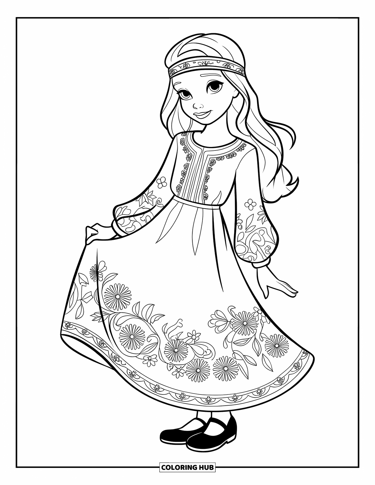 Girl Fashion Coloring Page for Kids: A free-spirited girl in a flowy dress and a headband poses against a peaceful outdoor setting