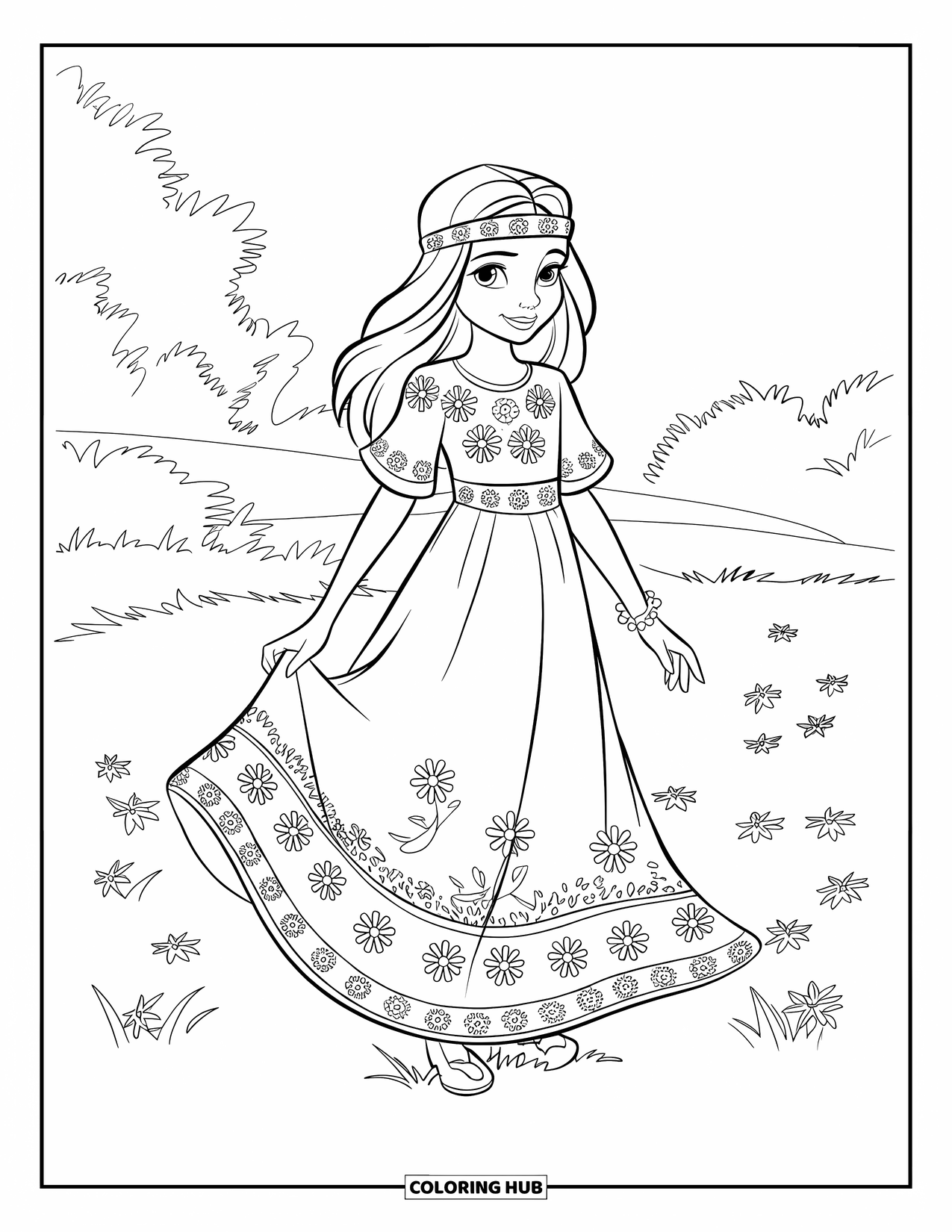 Girl Fashion Coloring Page for Kids: A girl in a bohemian dress with floral patterns and a matching headband enjoys nature