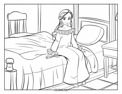 Dibujo de moda para niñas para colorear: Una chica con un camisón cómodo se sienta tranquilamente en una cama suave, disfrutando de un momento de tranquilidad