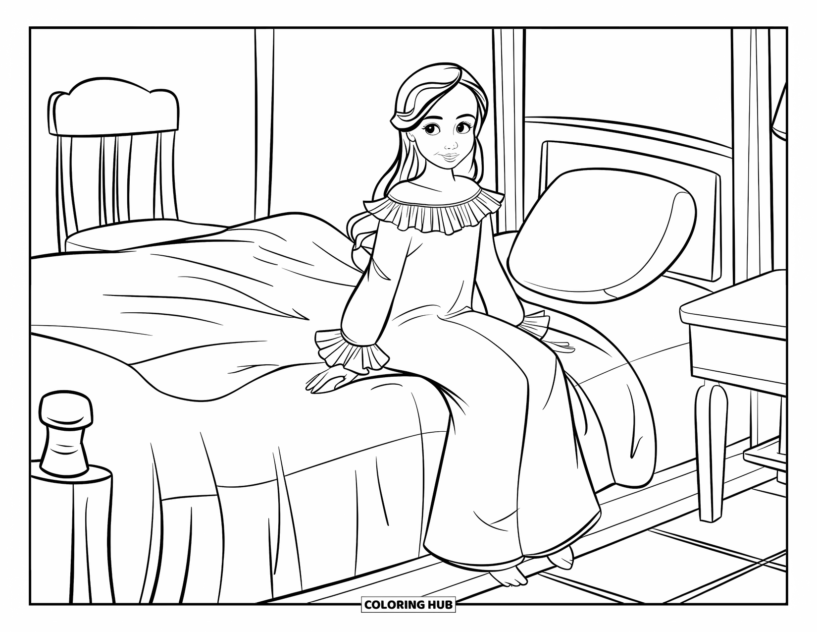 Girl Fashion Coloring Page for Kids: A girl in a cozy nightgown sits peacefully on a soft bed, enjoying a quiet moment