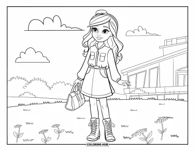 Dibujo de moda para niñas para colorear: Una chica con un vestido de mezclilla con botas con cordones y un bolso disfruta de un paseo tranquilo al aire libre