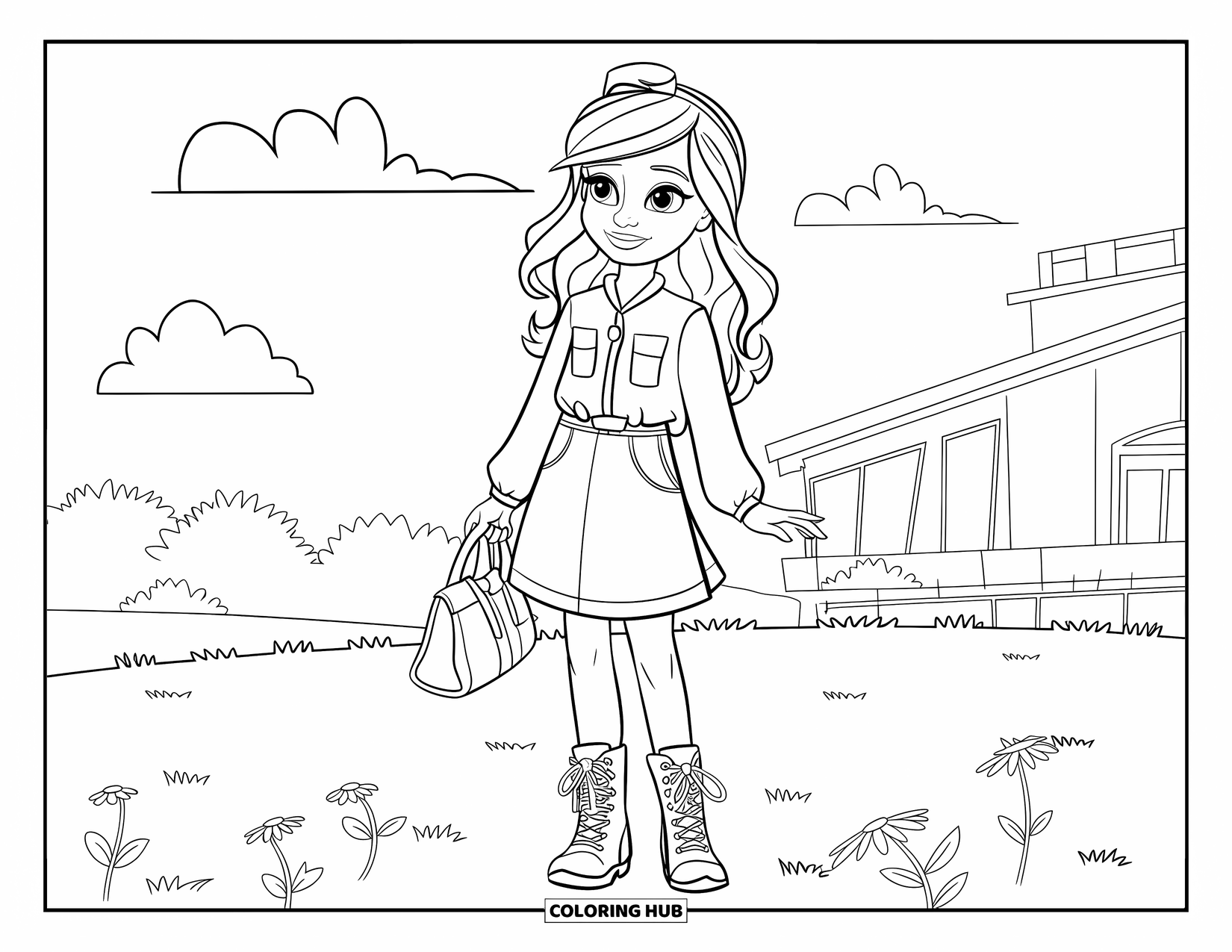 Girl Fashion Coloring Page for Kids: A girl in a denim dress with lace-up boots and a handbag enjoys a peaceful walk outside