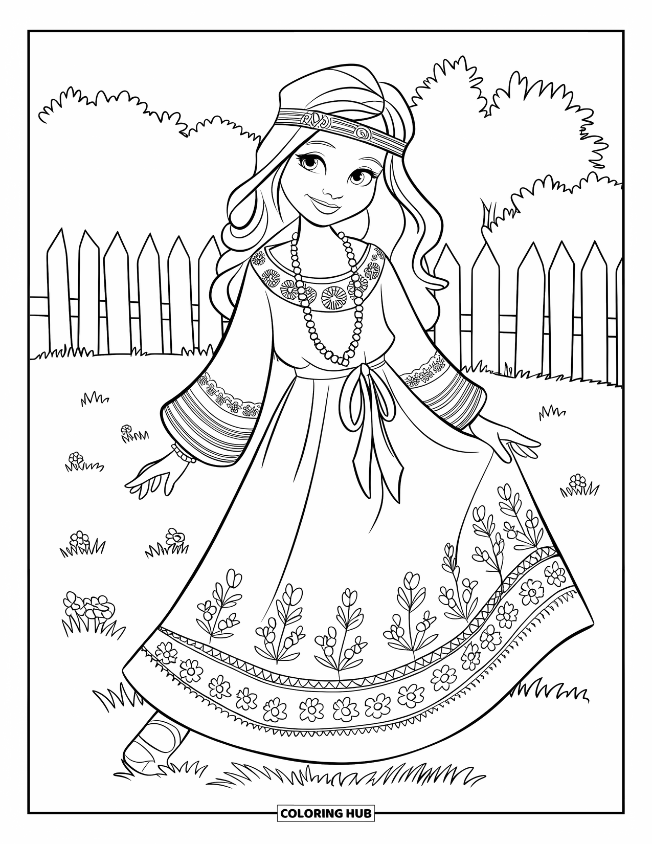 Desenho de Moda para Meninas para Colorir: Uma garota com um vestido estampado floral e cabelos esvoaçantes está feliz em uma paisagem natural suave