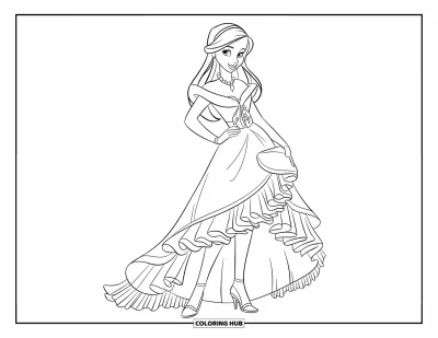 Dibujo de moda para niñas para colorear: Una chica con un vestido glamuroso con intrincados volantes y tacones se encuentra con elegancia y aplomo
