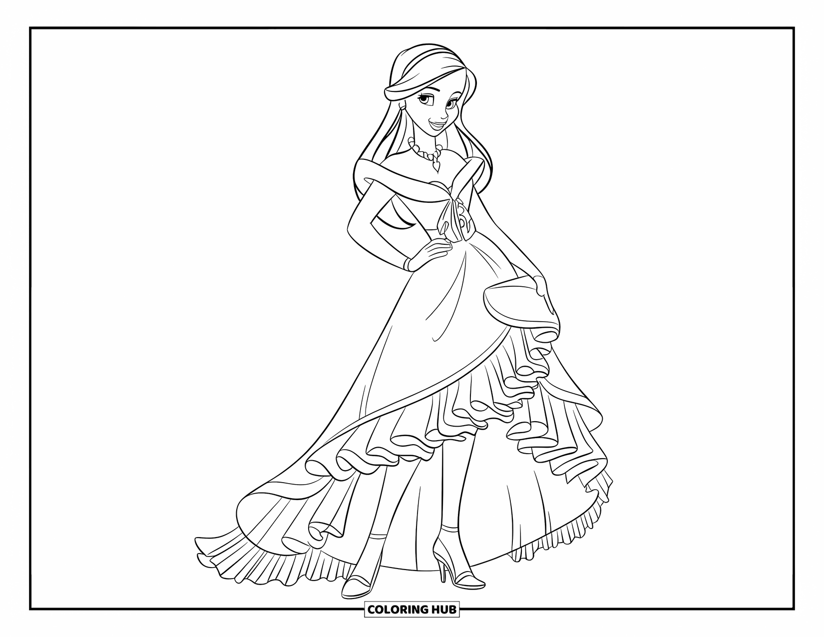 Girl Fashion Coloring Page for Kids: A girl in a glamorous gown with intricate ruffles and heels stands with elegance and poise
