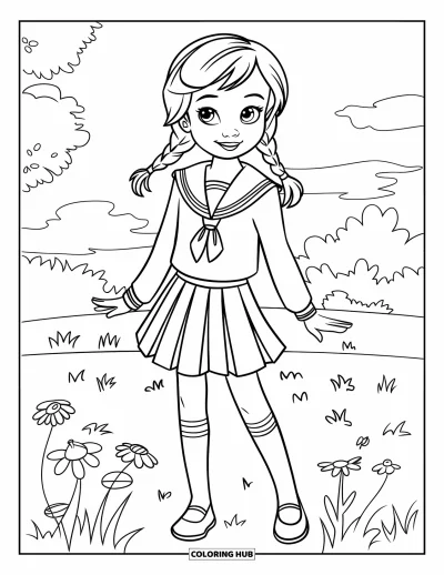 Dibujo de moda para niñas para colorear: Una chica con una falda plisada y una blusa adopta una postura segura en un entorno de inspiración vintage
