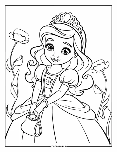Dibujo de moda para niñas para colorear: Una chica con un vestido de princesa y delicados accesorios posa elegantemente en una encantadora escena de cuento de hadas
