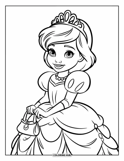 Dibujo de moda para niñas para colorear: Una chica con un vestido de princesa y una tiara sostiene un pequeño bolso, irradiando encanto y elegancia