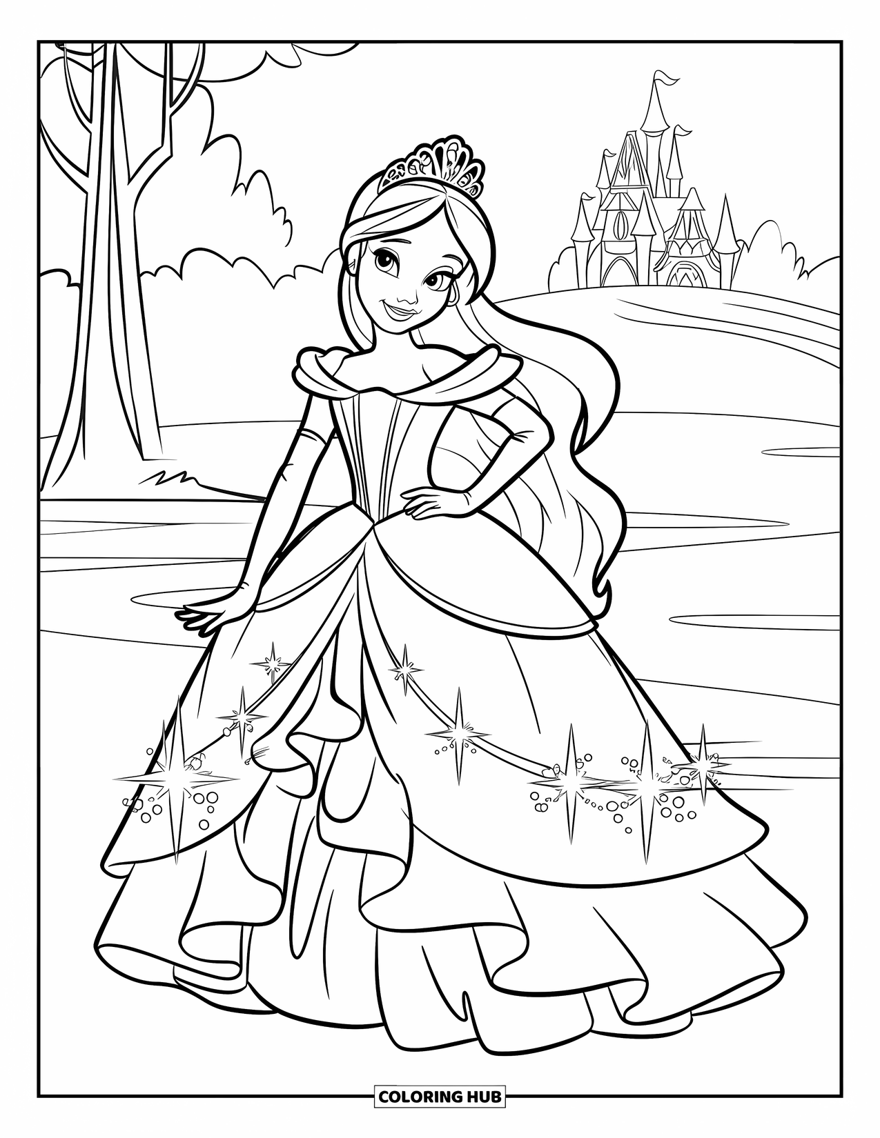Girl Fashion Coloring Page for Kids: A girl in a ruffled gown with long gloves poses elegantly against a dreamy backdrop