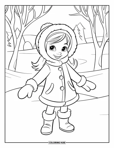 Dibujo de moda para niñas para colorear: Una chica con un abrigo y botas elegantes se encuentra cálidamente contra un fondo de nieve que cae suavemente