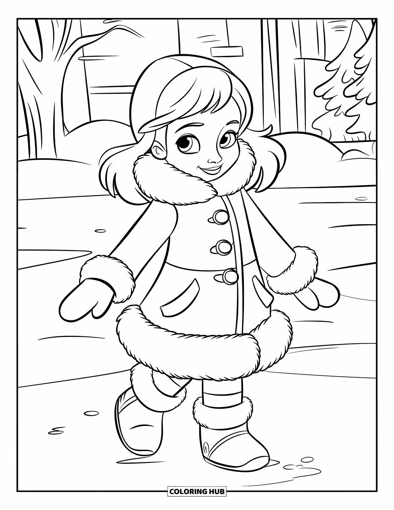 Girl Fashion Coloring Page for Kids: A girl in a winter coat with fluffy sleeves and mittens stands happily in a snowy landscape