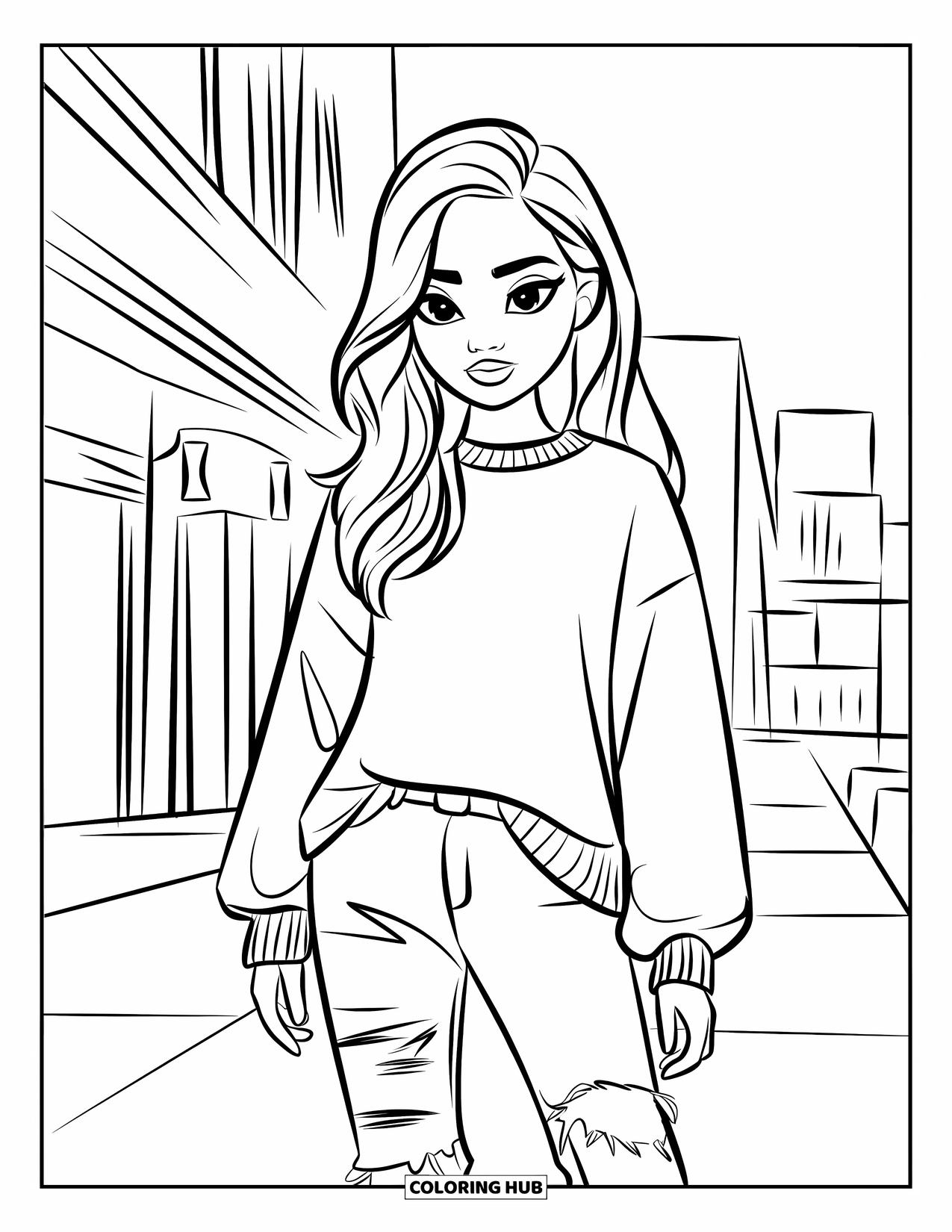 Girl Fashion Coloring Page for Kids: A girl in an oversized sweater and ripped jeans poses confidently on a bustling city street