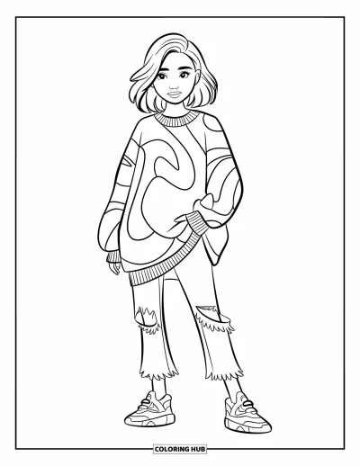 Dibujo de moda para niñas para colorear: Una chica con un suéter extragrande y jeans rotos se encuentra con frialdad contra un fondo urbano elegante