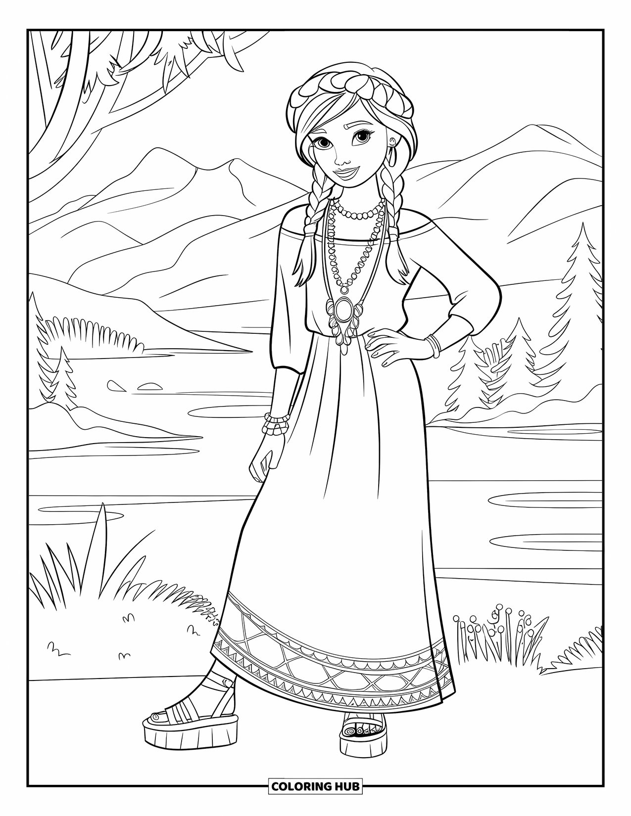 Girl Fashion Coloring Page for Kids: A stylish girl in a boho maxi dress and braids stands with a peaceful expression in nature