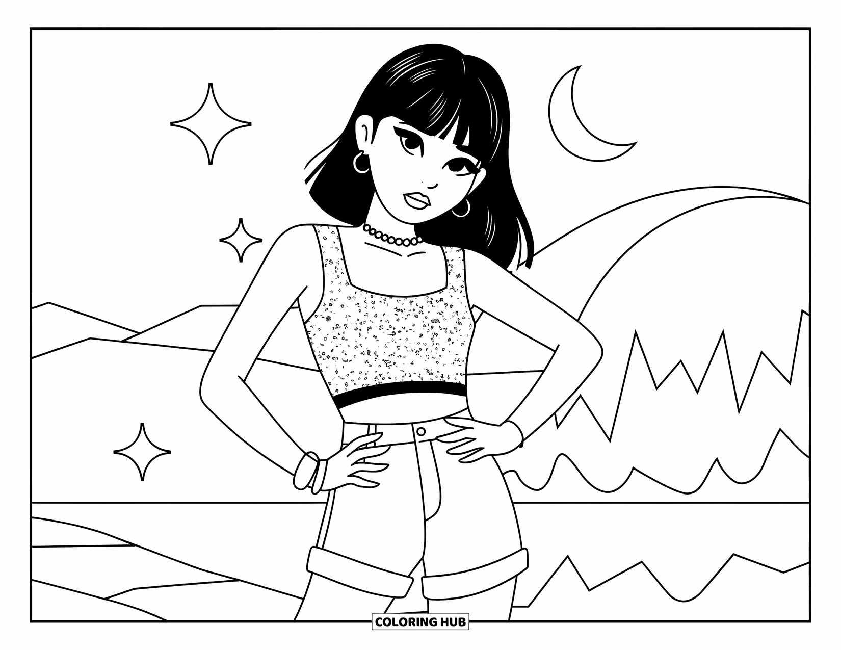 Girl Fashion Coloring Page for Kids: A stylish girl in a crop top and shorts stands with a bright expression against a starry backdrop
