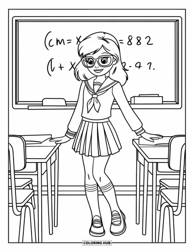 Dibujo de moda para niñas para colorear: Una chica elegante con un vestido de marinero y calcetines hasta la rodilla se encuentra con elegancia y encanto