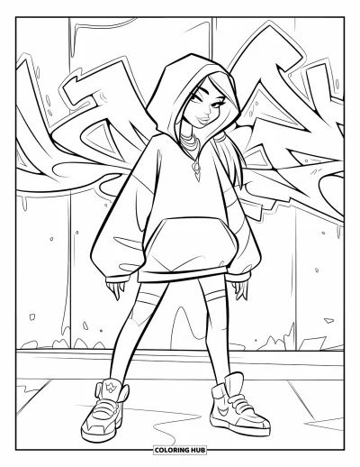 Dibujo de moda para niñas para colorear: Una chica elegante con una sudadera con capucha extragrande y zapatillas deportivas adopta una pose genial en un entorno moderno
