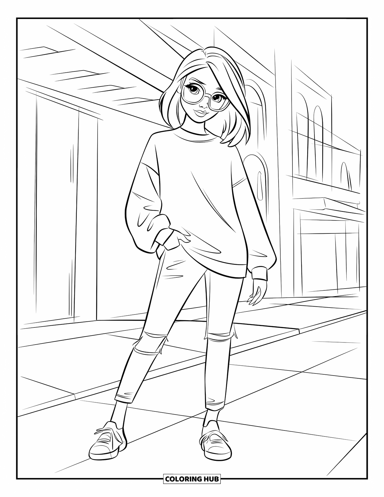 Girl Fashion Coloring Page for Kids: A stylish girl in modern, edgy fashion enjoys the city atmosphere in a relaxed pose